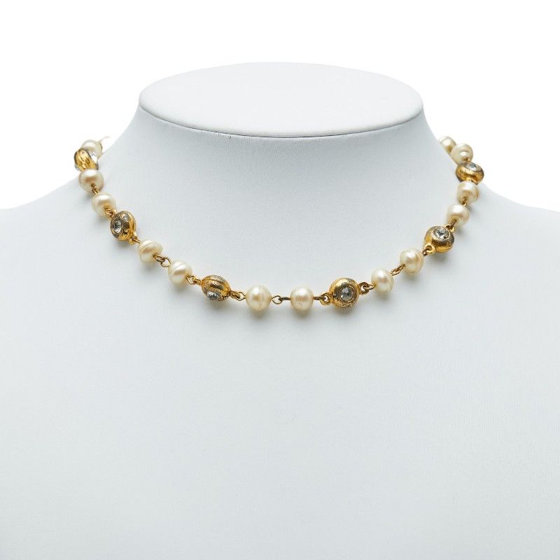 Chanel CC Logo Necklace Gold Plated Rhinestone Faux Pearl