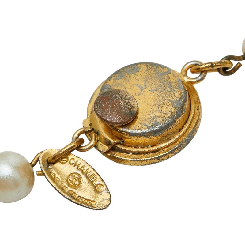 Chanel CC Logo Necklace Gold Plated Rhinestone Faux Pearl — view 6