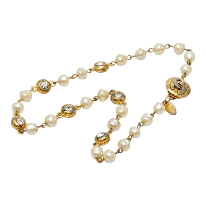 Chanel CC Logo Necklace Gold Plated Rhinestone Faux Pearl — view 3