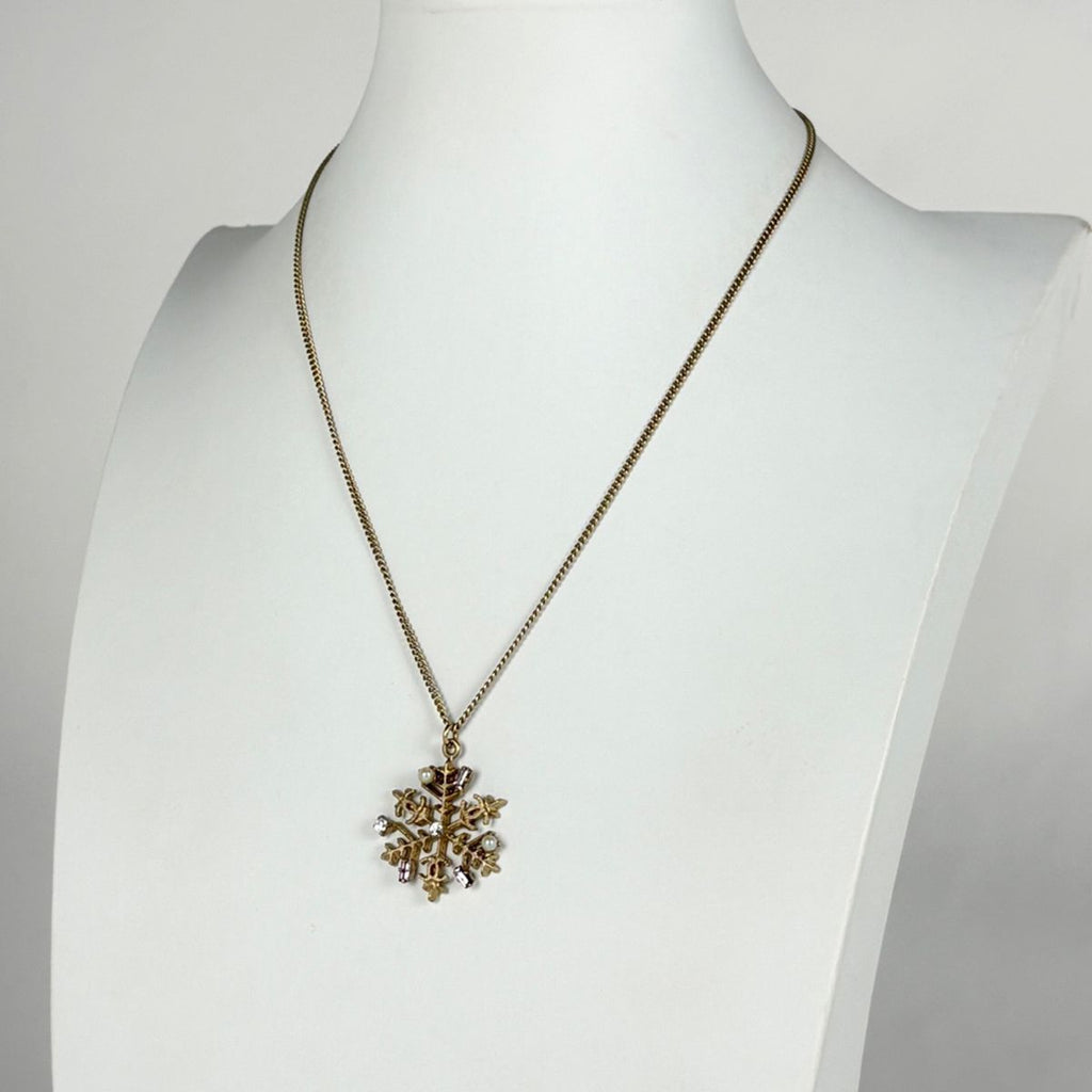 Chanel CC Logo Rhinestone Necklace Snowflake Faux Pearl Gold Pink — view 6