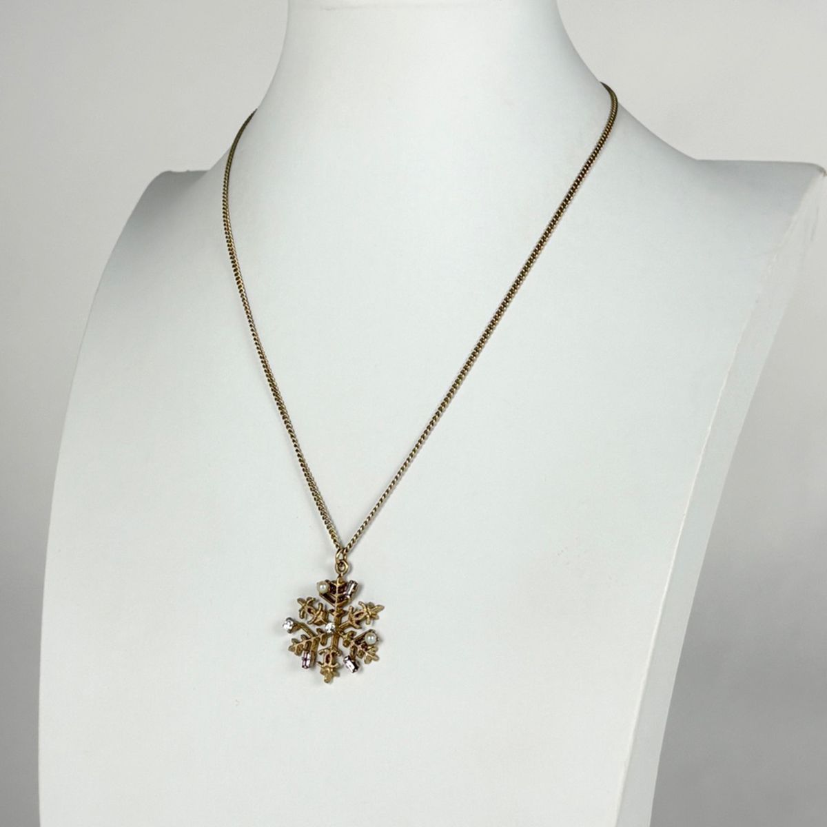 Chanel CC Logo Rhinestone Necklace Snowflake Faux Pearl Gold Pink — view 6