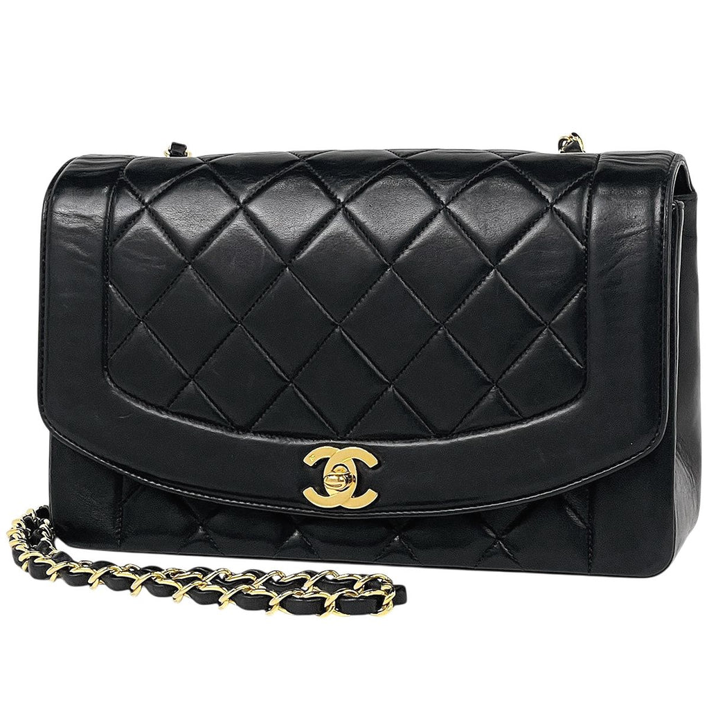 Chanel Diana Quilted Single Flap Chain Shoulder Bag CC Logo Leather Black