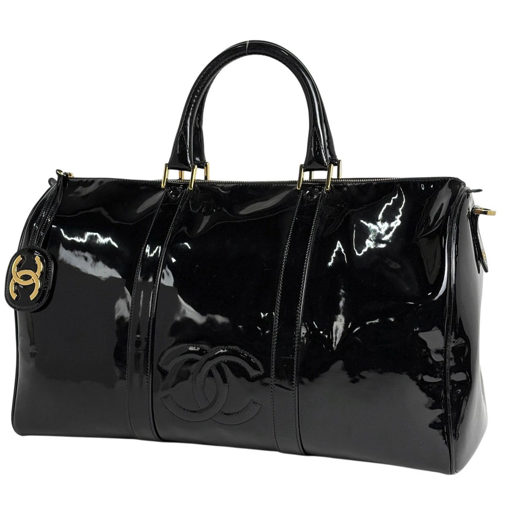 Chanel CC Logo Boston Bag 2-Way Enamel Patent Leather Black