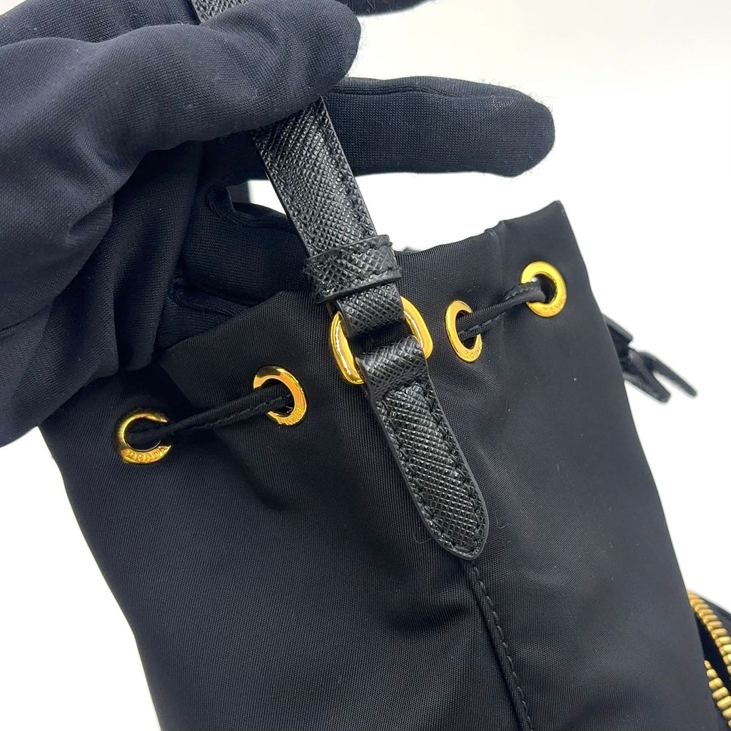 Prada Bucket 2-Way Nylon Black Handbag Gold — view 6