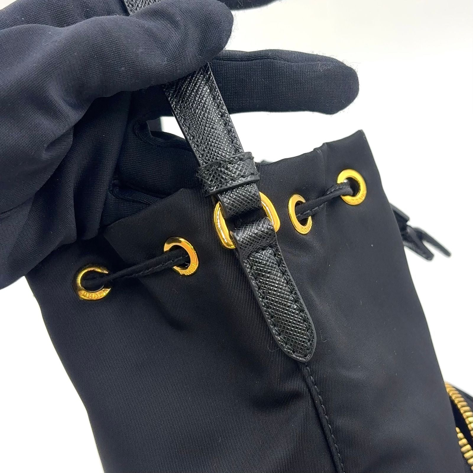 Prada Bucket 2-Way Nylon Black Handbag Gold — view 6