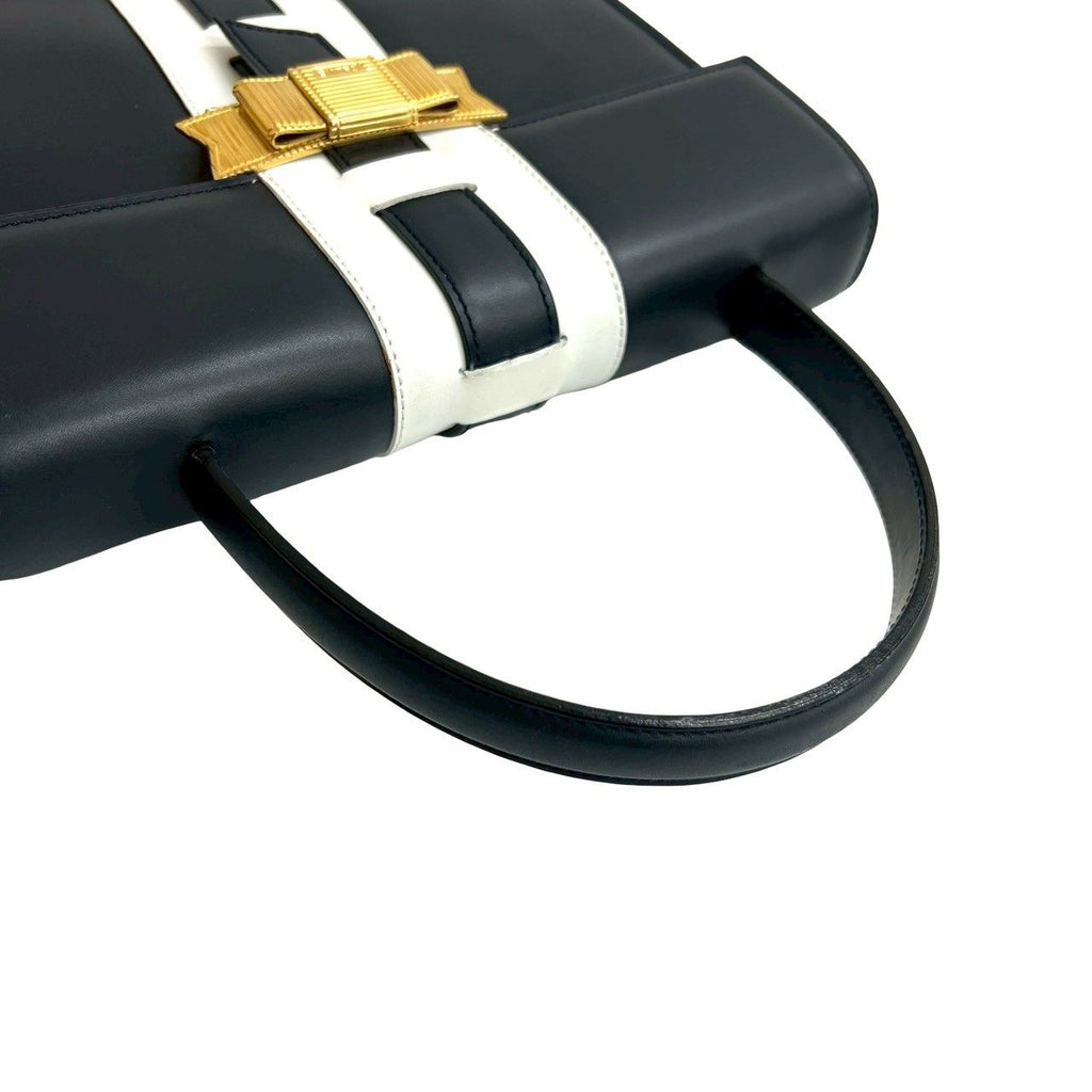Celine Vintage Logo Ribbon Leather Handbag Mini Tote Navy White — view 4
