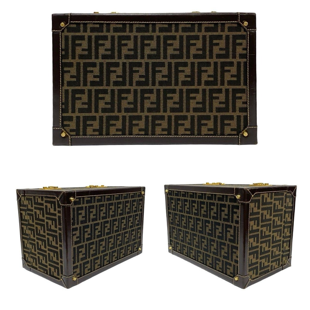 Fendi Zucca FF Pattern Canvas Leather Handbag Vanity Bag Makeup Box Brown — view 5