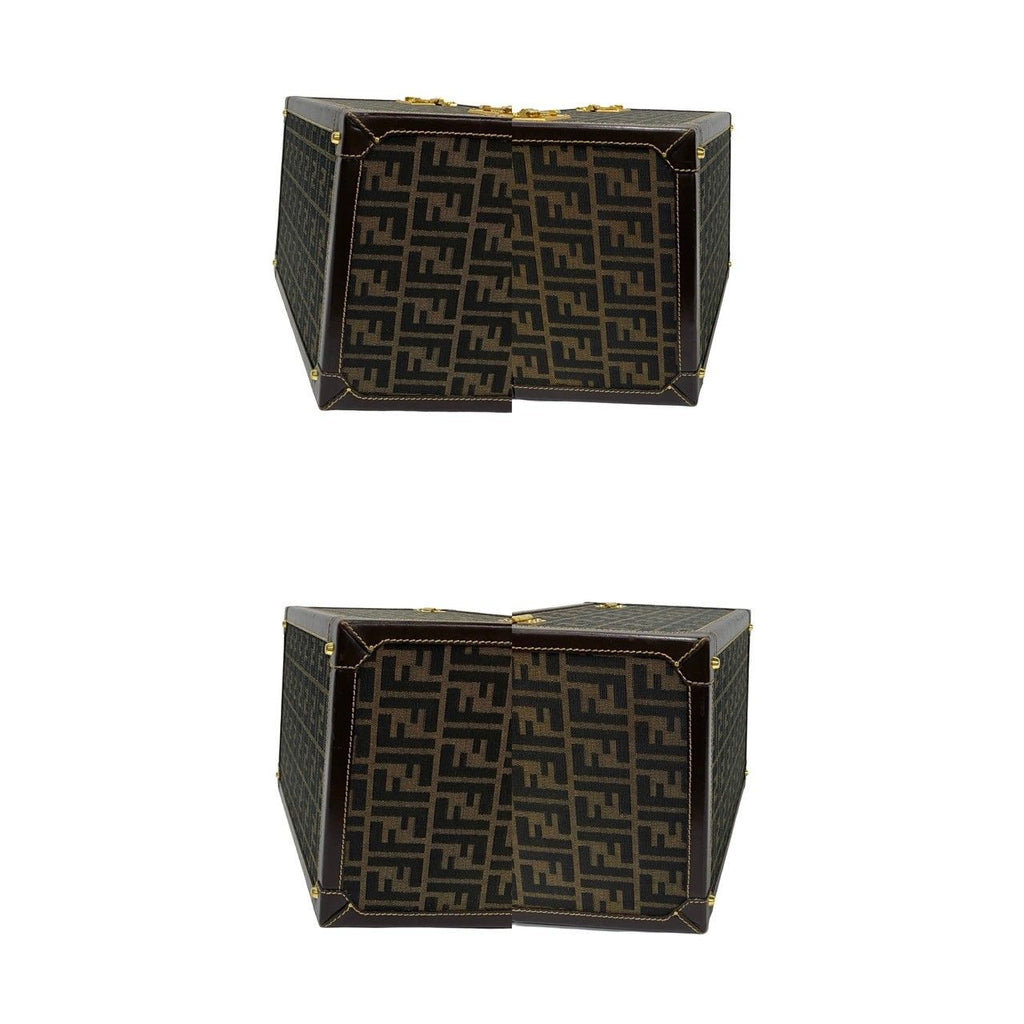 Fendi Zucca FF Pattern Canvas Leather Handbag Vanity Bag Makeup Box Brown — view 6