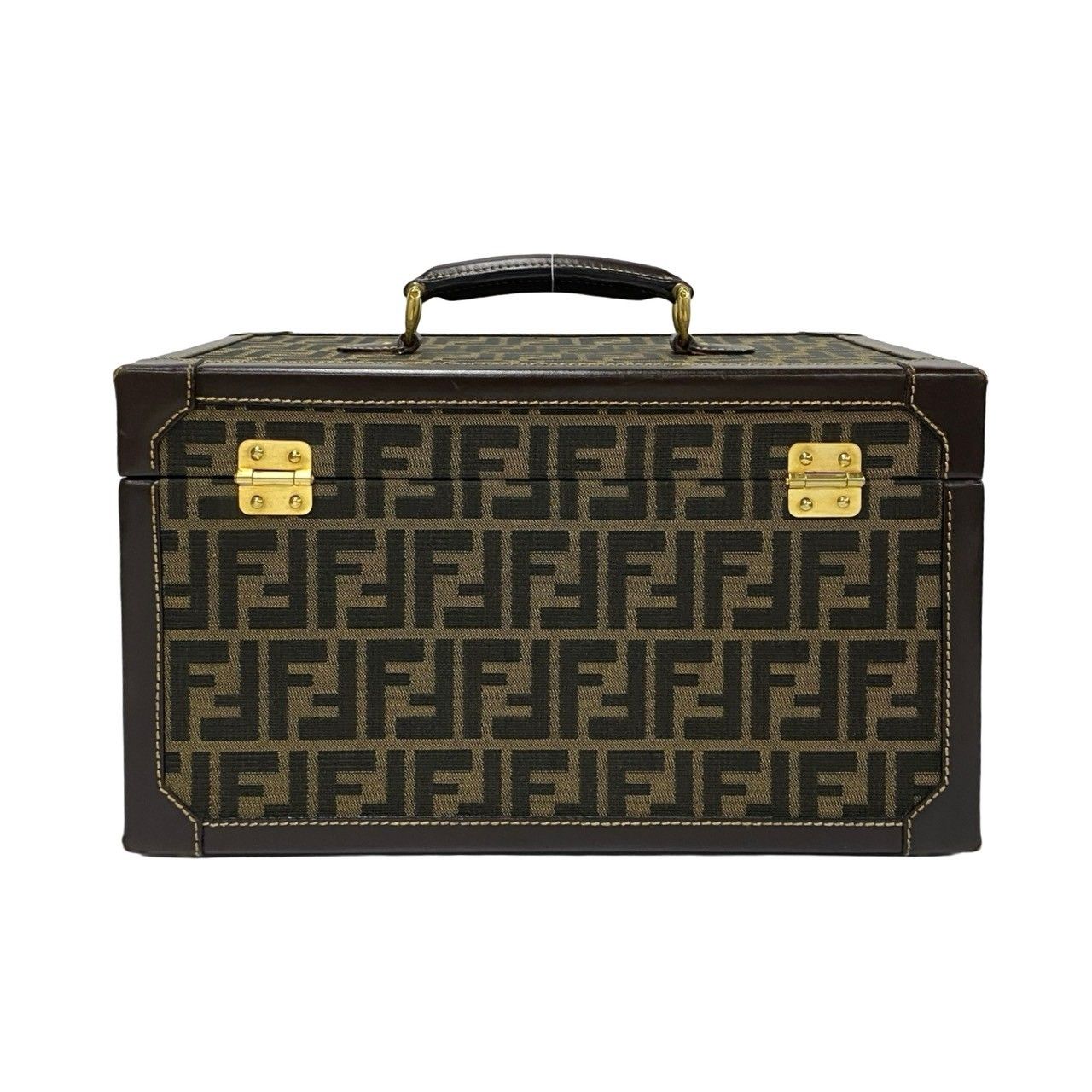 Fendi Zucca FF Pattern Canvas Leather Handbag Vanity Bag Makeup Box Brown — view 3