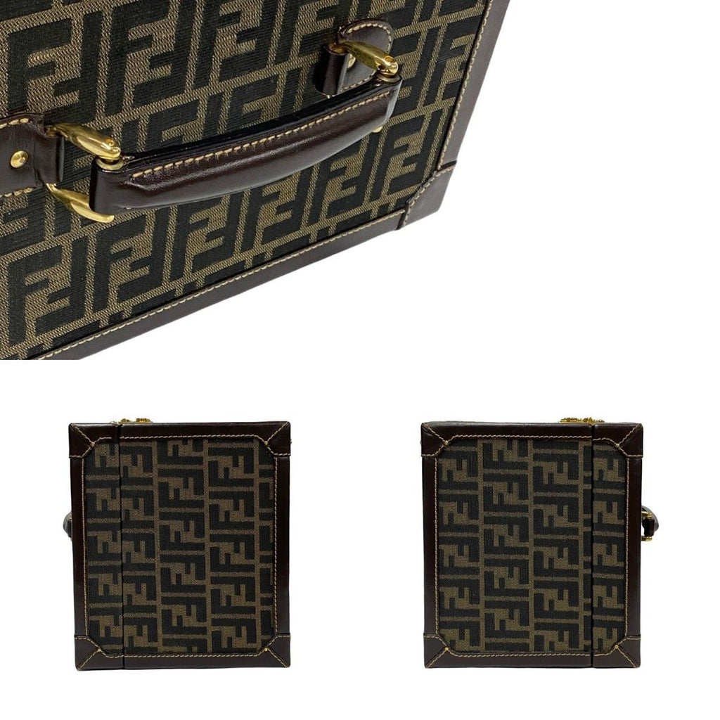Fendi Zucca FF Pattern Canvas Leather Handbag Vanity Bag Makeup Box Brown — view 4