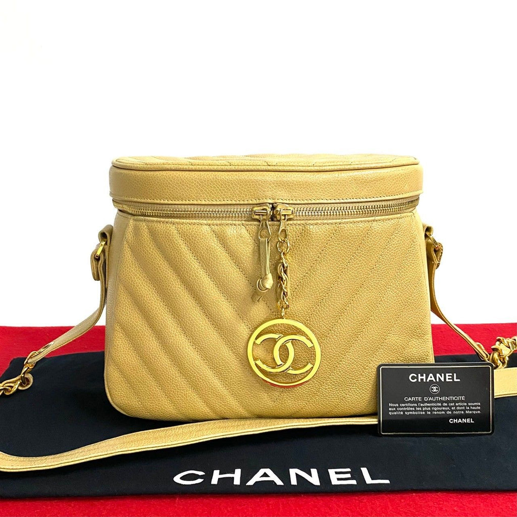 Chanel Card with Stitch CC Logo Caviar Leather Chain Shoulder Bag Beige