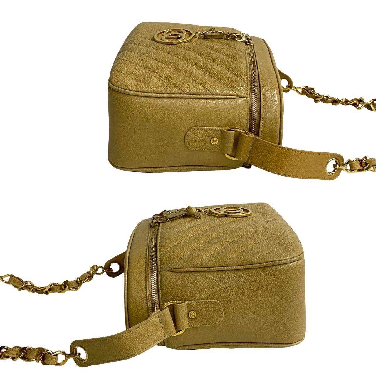 Chanel Card with Stitch CC Logo Caviar Leather Chain Shoulder Bag Beige — view 5