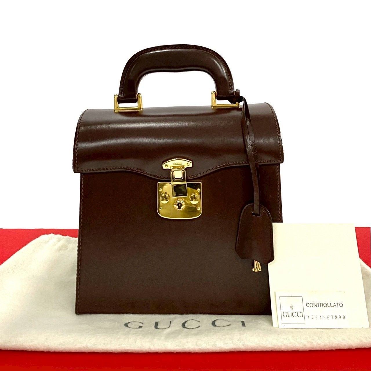 Gucci Vintage Ladylock Leather Handbag Mini Tote Brown