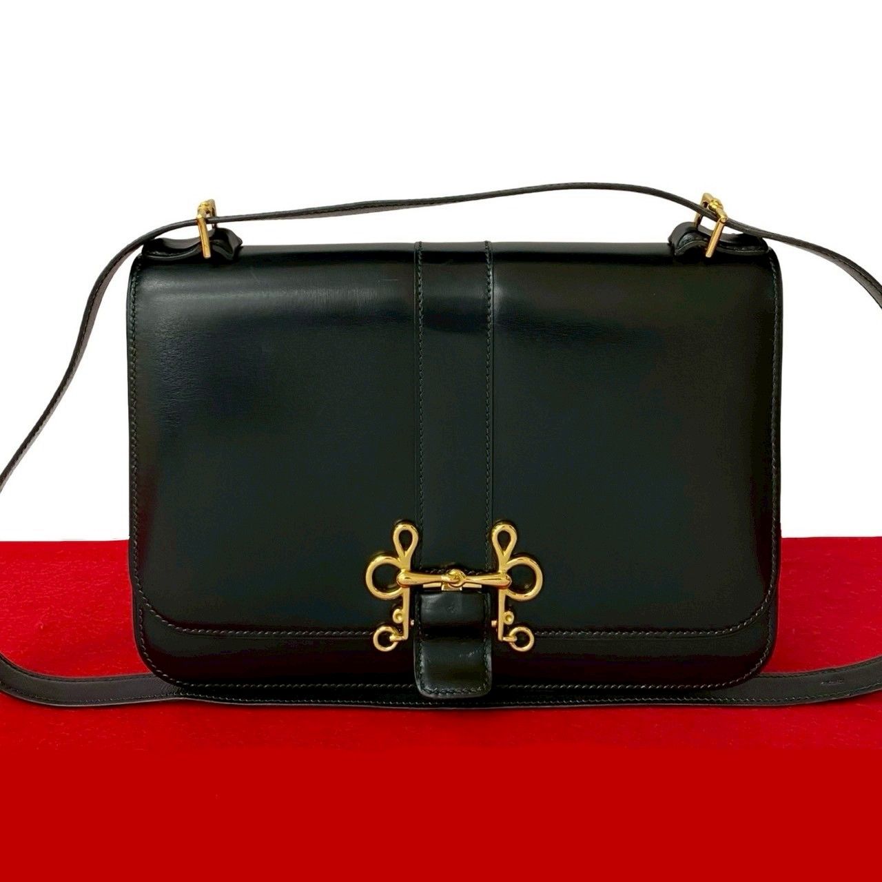 Hermes Vintage Sologne Box Calf Leather Shoulder Bag Pochette Black