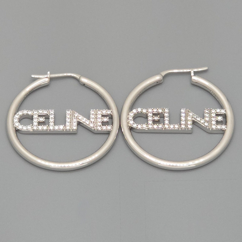 Celine Monochrome Strass Hoop Earrings Logo Crystal Rhodium Finish Brass Box