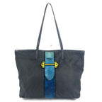 Prada Tote Kaietron Pull Belt Logo Stripe Leather Nylon Black