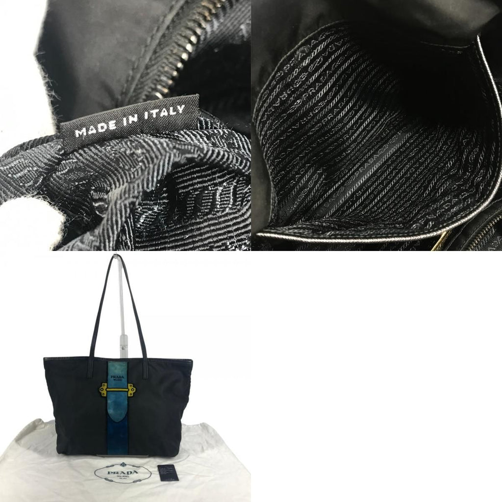 Prada Tote Kaietron Pull Belt Logo Stripe Leather Nylon Black — view 9