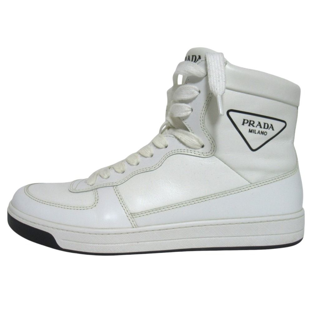 Prada Triangle Logo Leather High Cut Sneakers Shoes 179 8.5 White — view 2