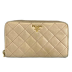 Prada Wallet Leather Quilted Zip Around Logo Gold Beige