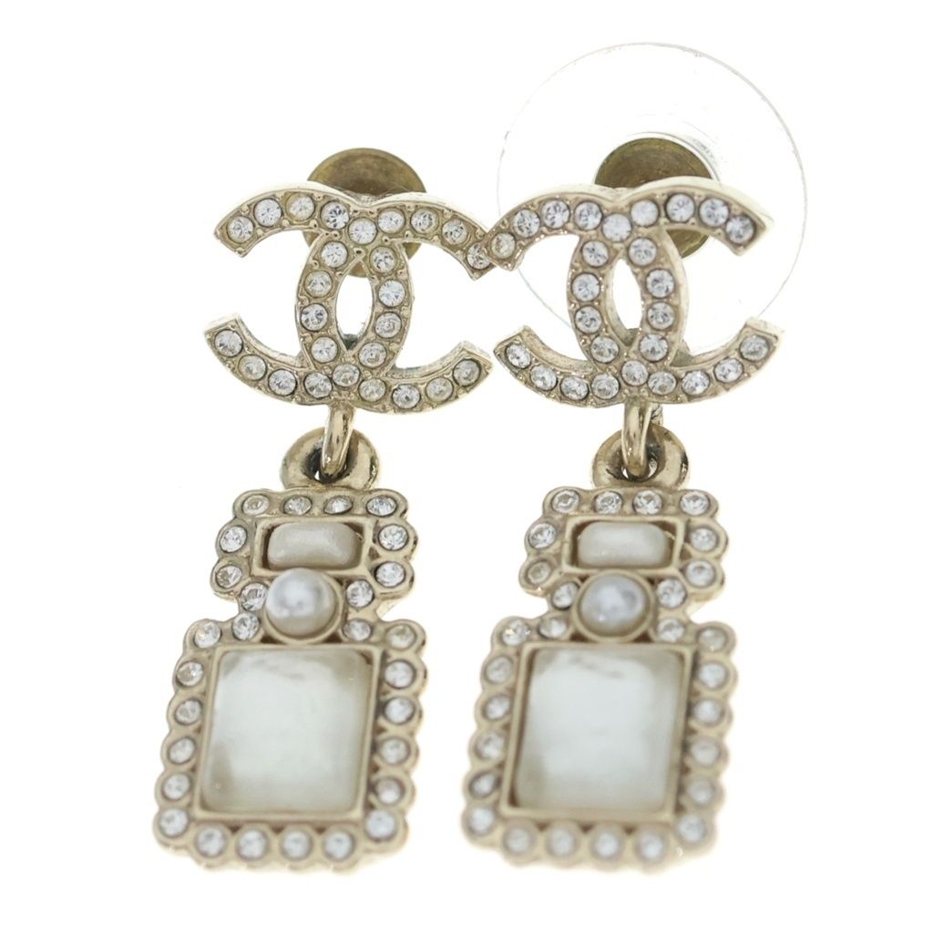 Chanel CC Logo Rhinestone Bottle Motif Earrings Gold