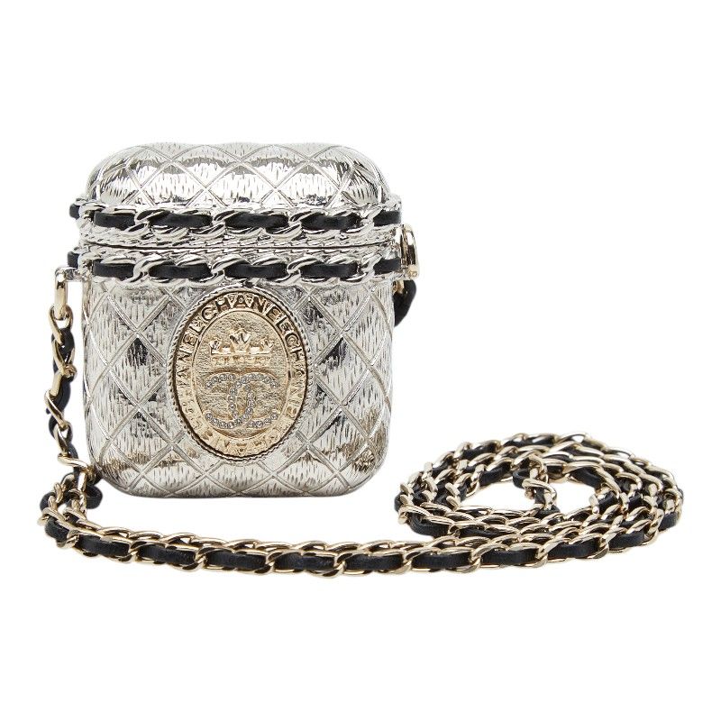 Chanel CC Logo Crown Quilted Airpods Case Silver Gold Metal Plated Rhinestone