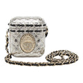Chanel CC Logo Crown Quilted Airpods Case Silver Gold Metal Plated Rhinestone