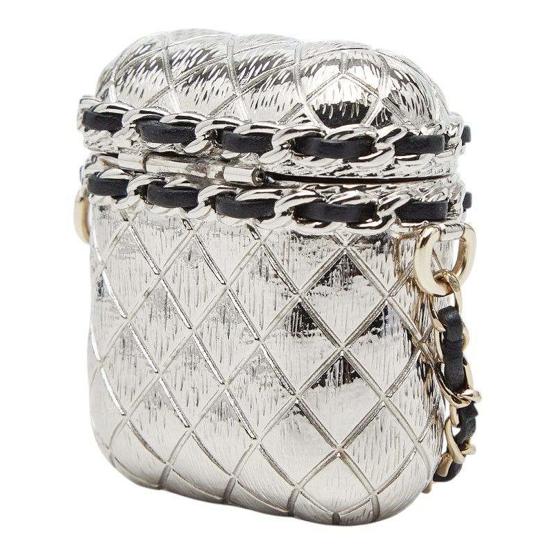 Chanel CC Logo Crown Quilted Airpods Case Silver Gold Metal Plated Rhinestone — view 2