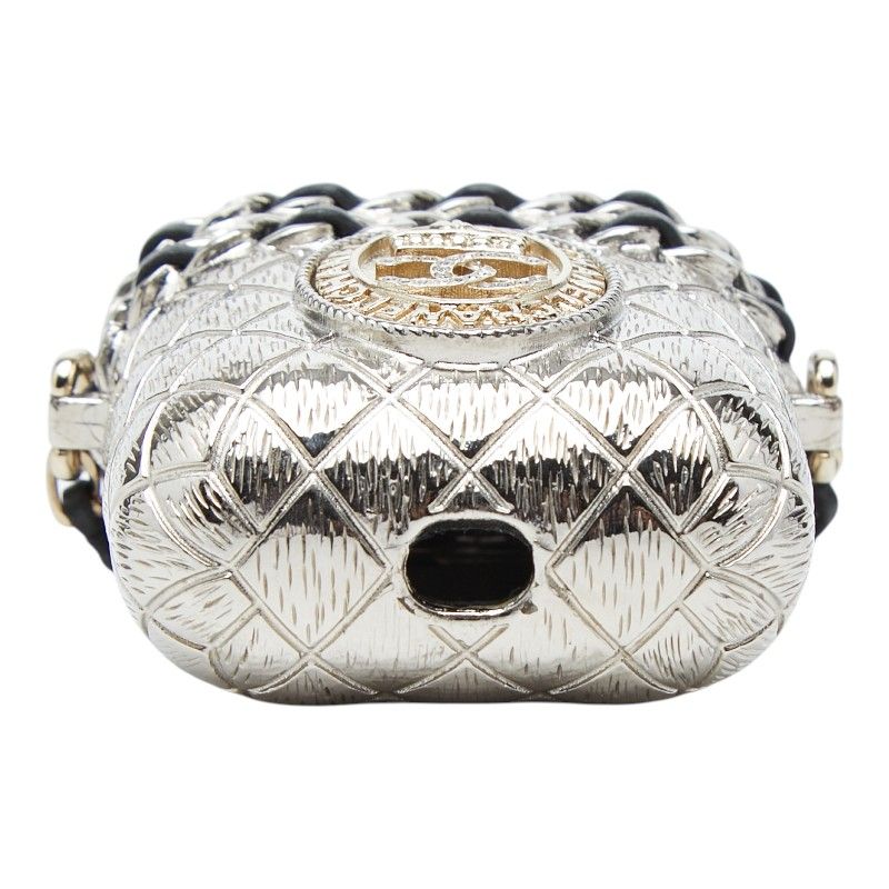 Chanel CC Logo Crown Quilted Airpods Case Silver Gold Metal Plated Rhinestone — view 3