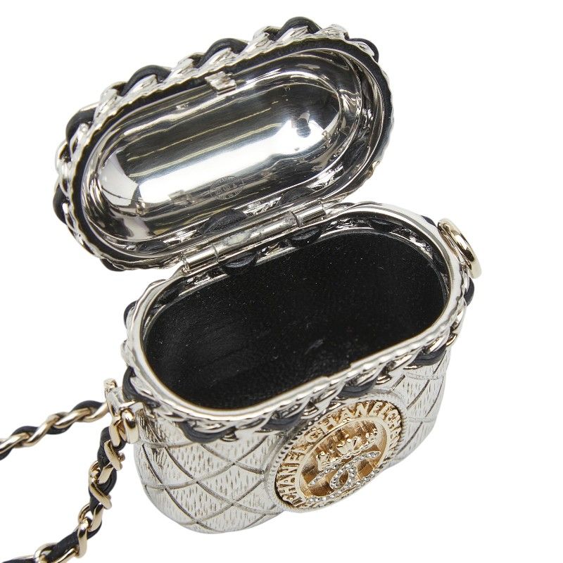 Chanel CC Logo Crown Quilted Airpods Case Silver Gold Metal Plated Rhinestone — view 4