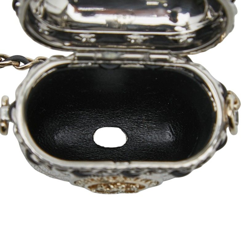 Chanel CC Logo Crown Quilted Airpods Case Silver Gold Metal Plated Rhinestone — view 5