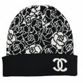 Chanel Cashmere CC Logo Camellia Knit Cap Black White Hat