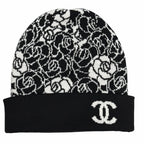 Chanel Cashmere CC Logo Camellia Knit Cap Black White Hat