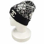 Chanel Cashmere CC Logo Camellia Knit Cap Black White Hat — view 3