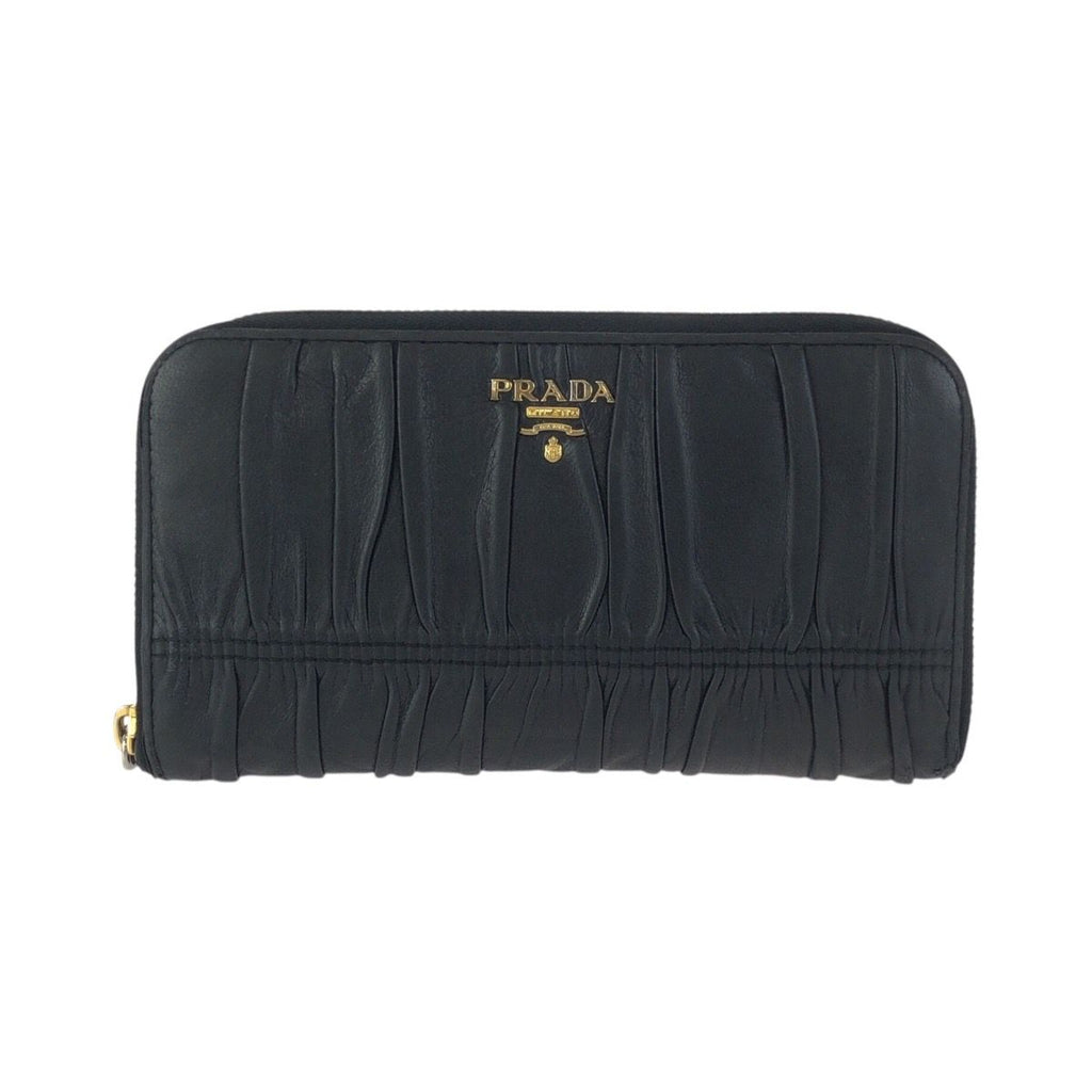 Prada Black Gold Leather Wallet Zip Around