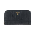Prada Black Gold Leather Wallet Zip Around