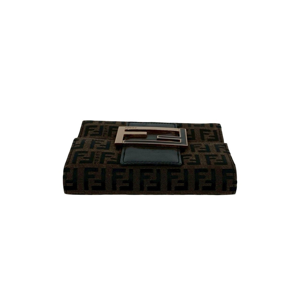 Fendi Zucchino FF Pattern Logo Canvas Leather Trifold Wallet Mini Brown Black — view 3