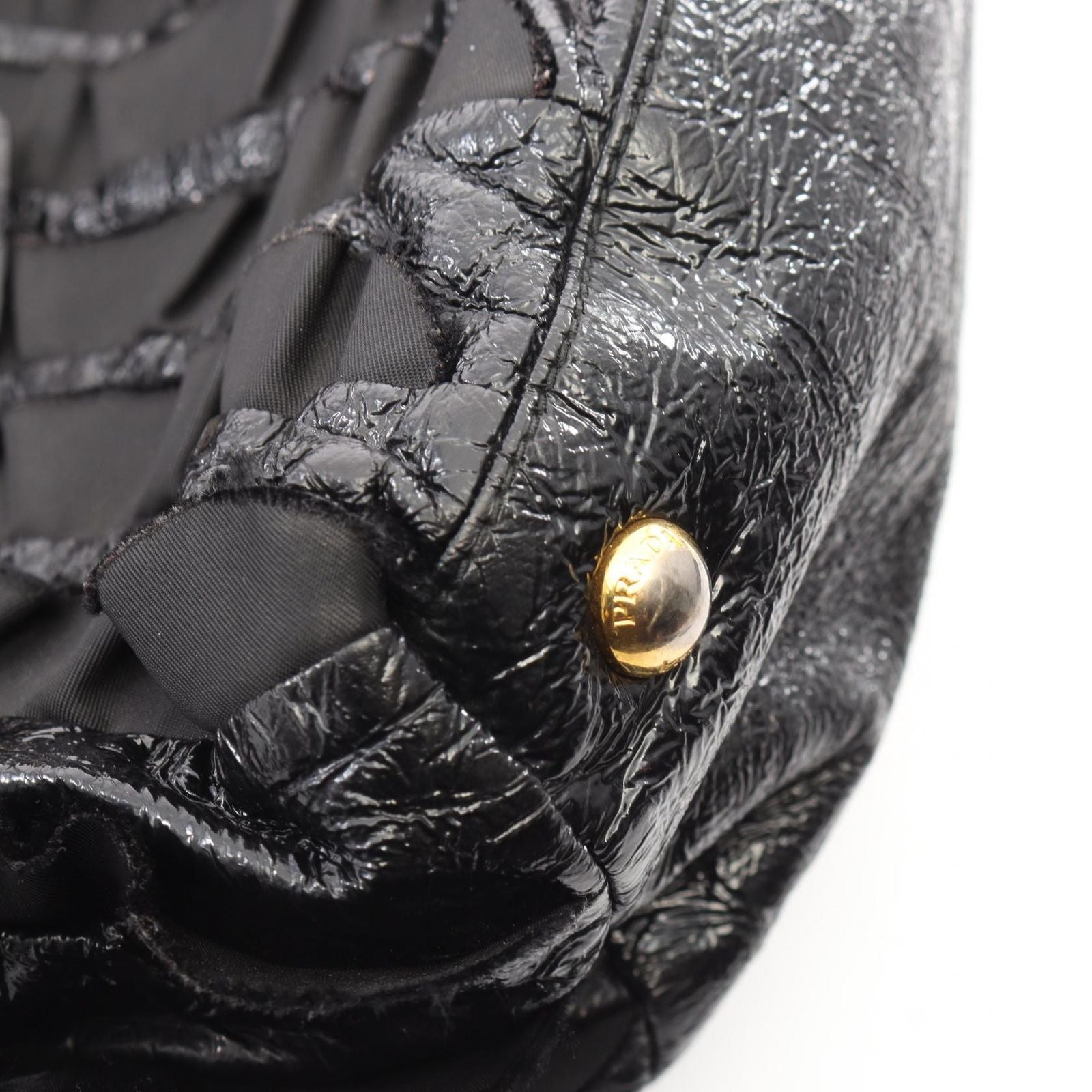 Prada Handbag Frill Black Nylon Patent Hand — view 7