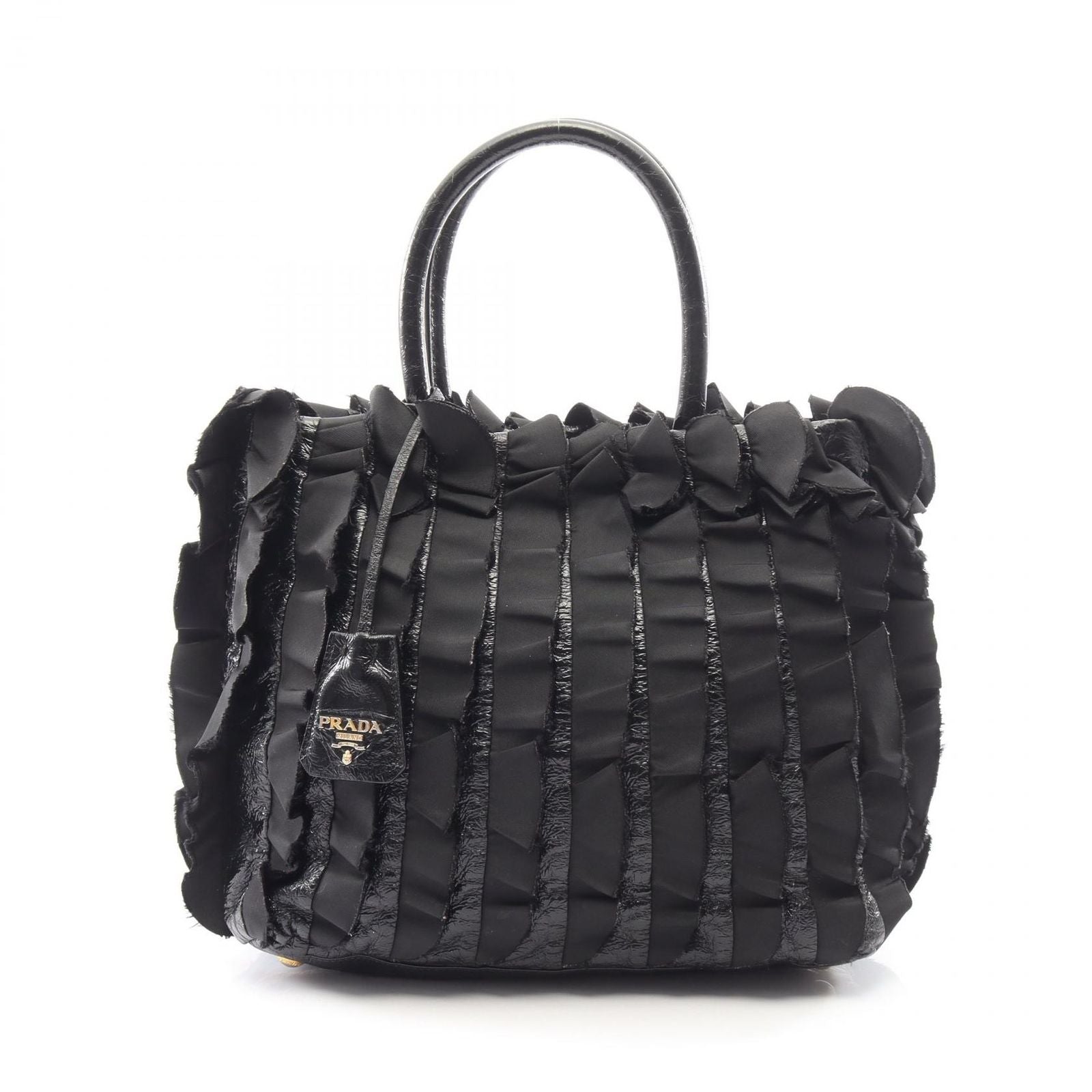 Prada Handbag Frill Black Nylon Patent Hand