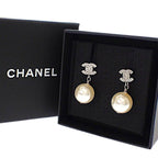 Chanel CC Logo Pearl Earrings Metal Faux Silver