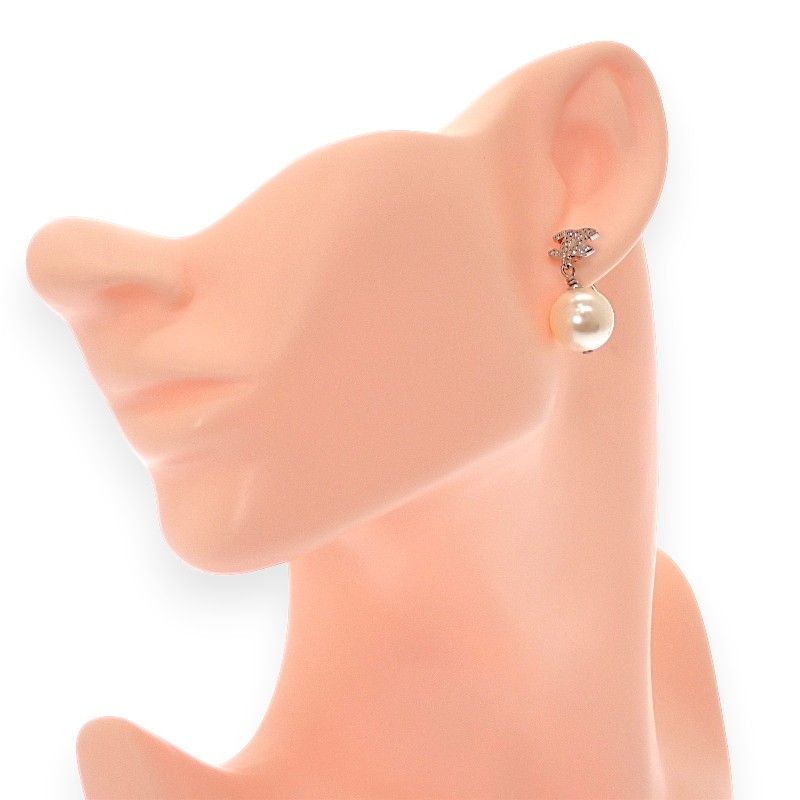 Chanel CC Logo Pearl Earrings Metal Faux Silver — view 8