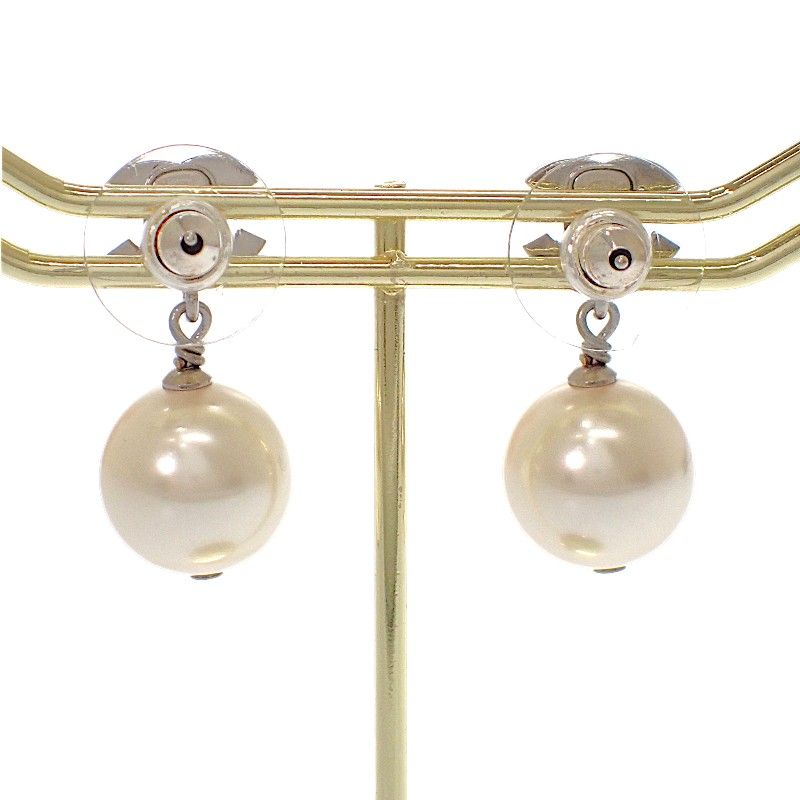 Chanel CC Logo Pearl Earrings Metal Faux Silver — view 4