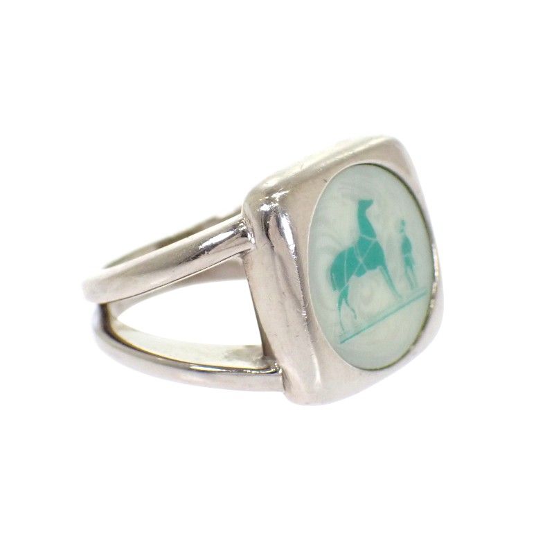 Hermes Corozo Horse Ring Metal Shell Silver Green 53 Ab