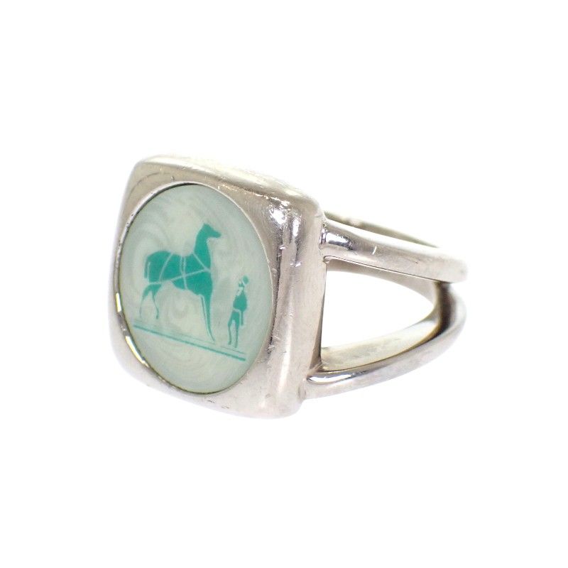 Hermes Corozo Horse Ring Metal Shell Silver Green 53 Ab
