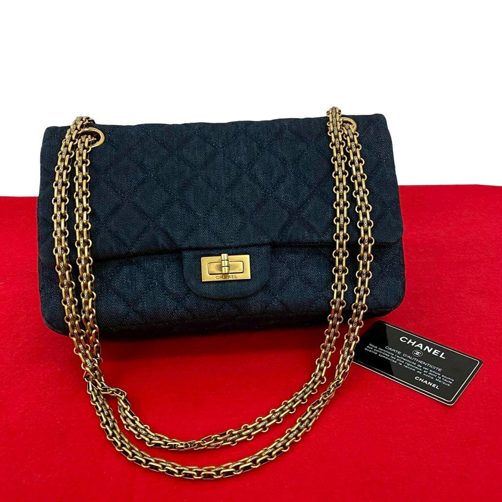 Chanel Card with 2.55 Quilted Double Flap Denim Chain Shoulder Bag Blue