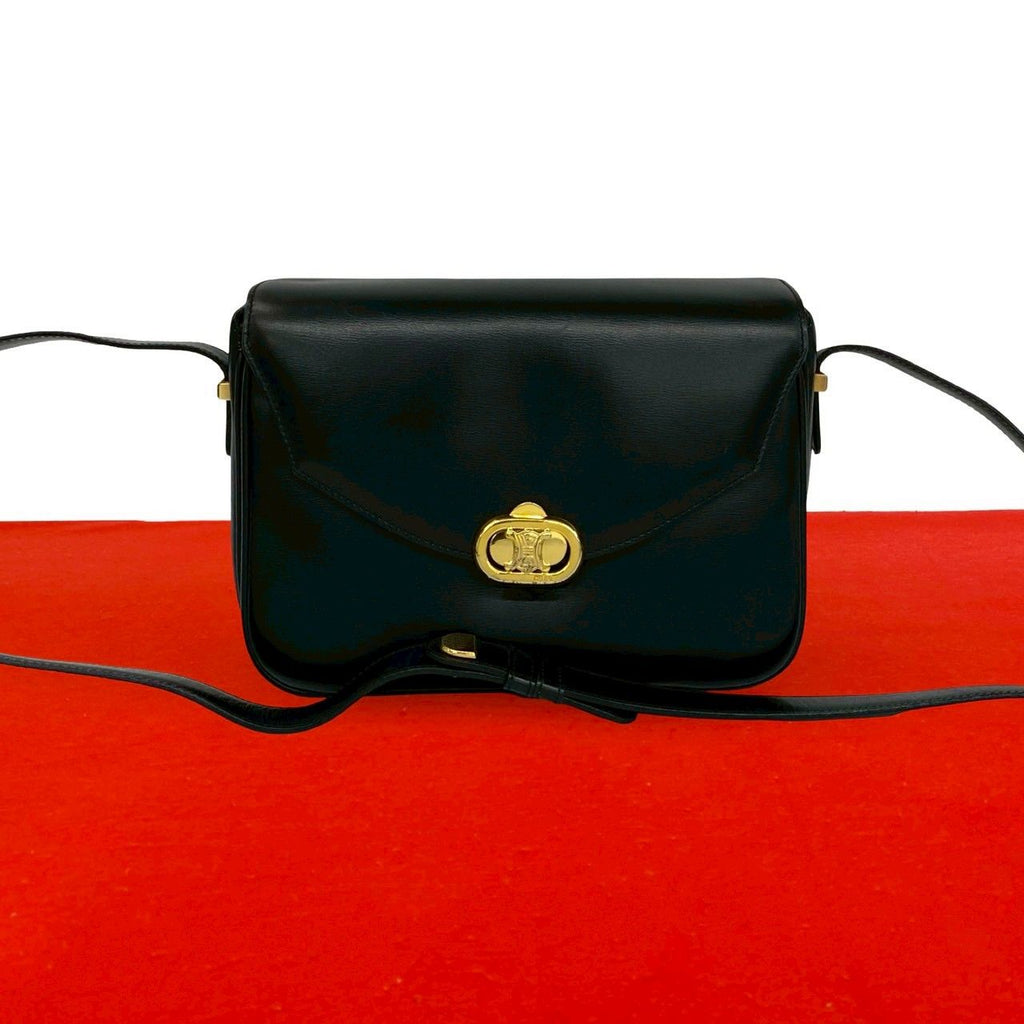 Celine Vintage Triomphe Logo Leather Shoulder Bag Pochette Black