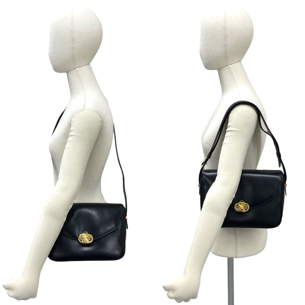 Celine Vintage Triomphe Logo Leather Shoulder Bag Pochette Black — view 2