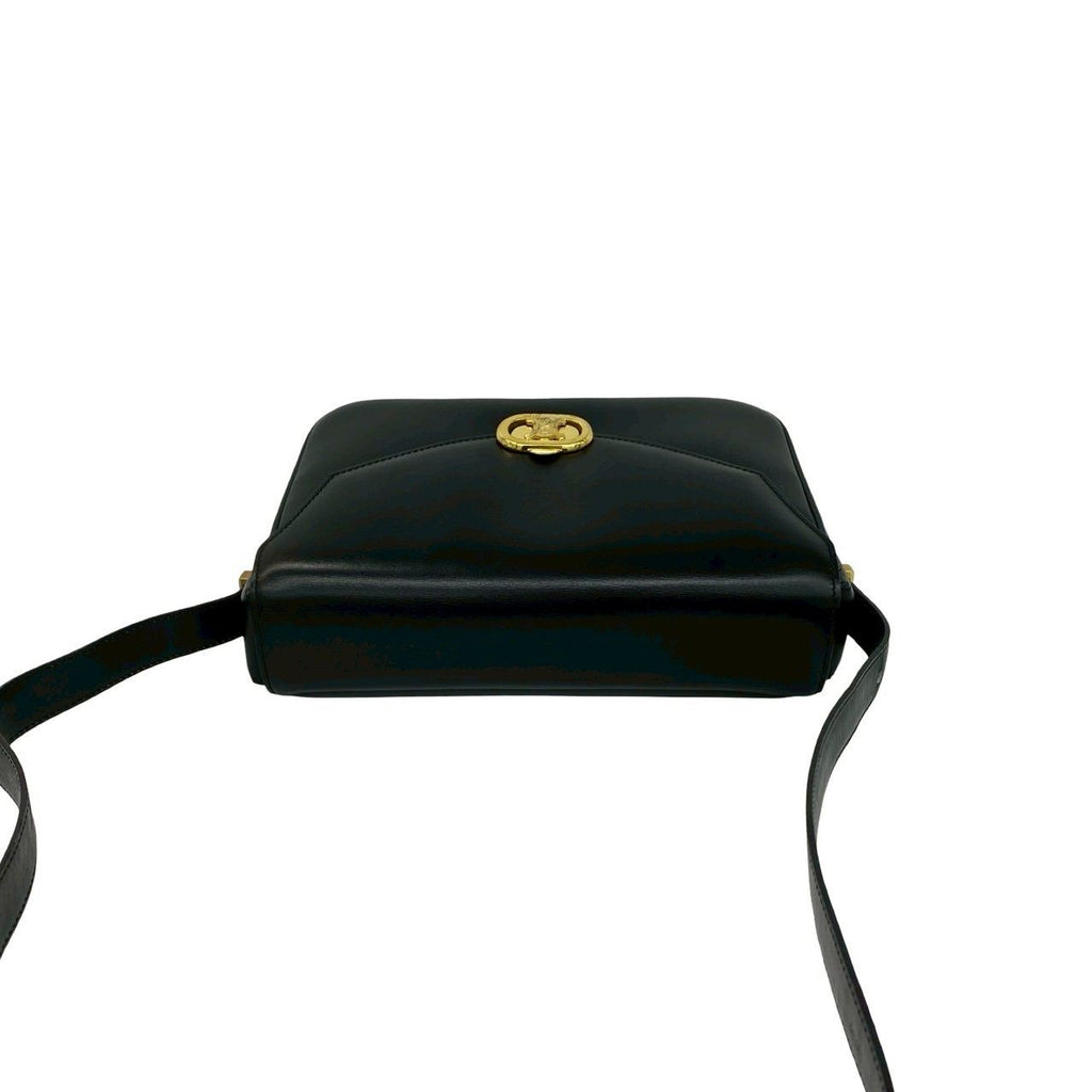 Celine Vintage Triomphe Logo Leather Shoulder Bag Pochette Black — view 4