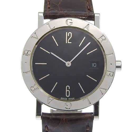 Bvlgari Stainless Steel Leather Quartz Analog Display Black Dial Watch