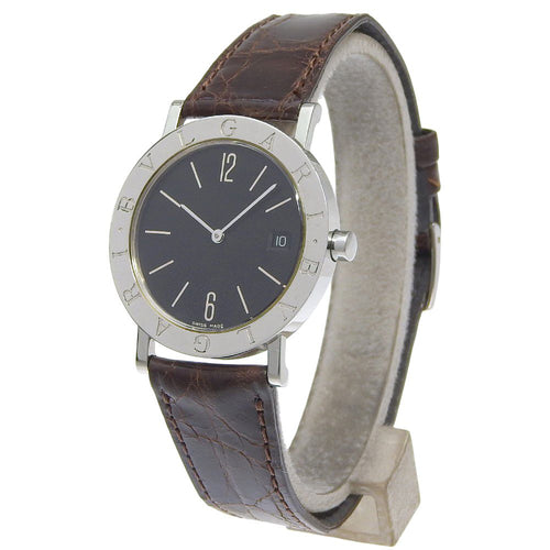 Bvlgari Stainless Steel Leather Quartz Analog Display Black Dial Watch — view 2