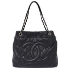 Chanel Quilted Tote Caviar Leather Black Silver Chain Large